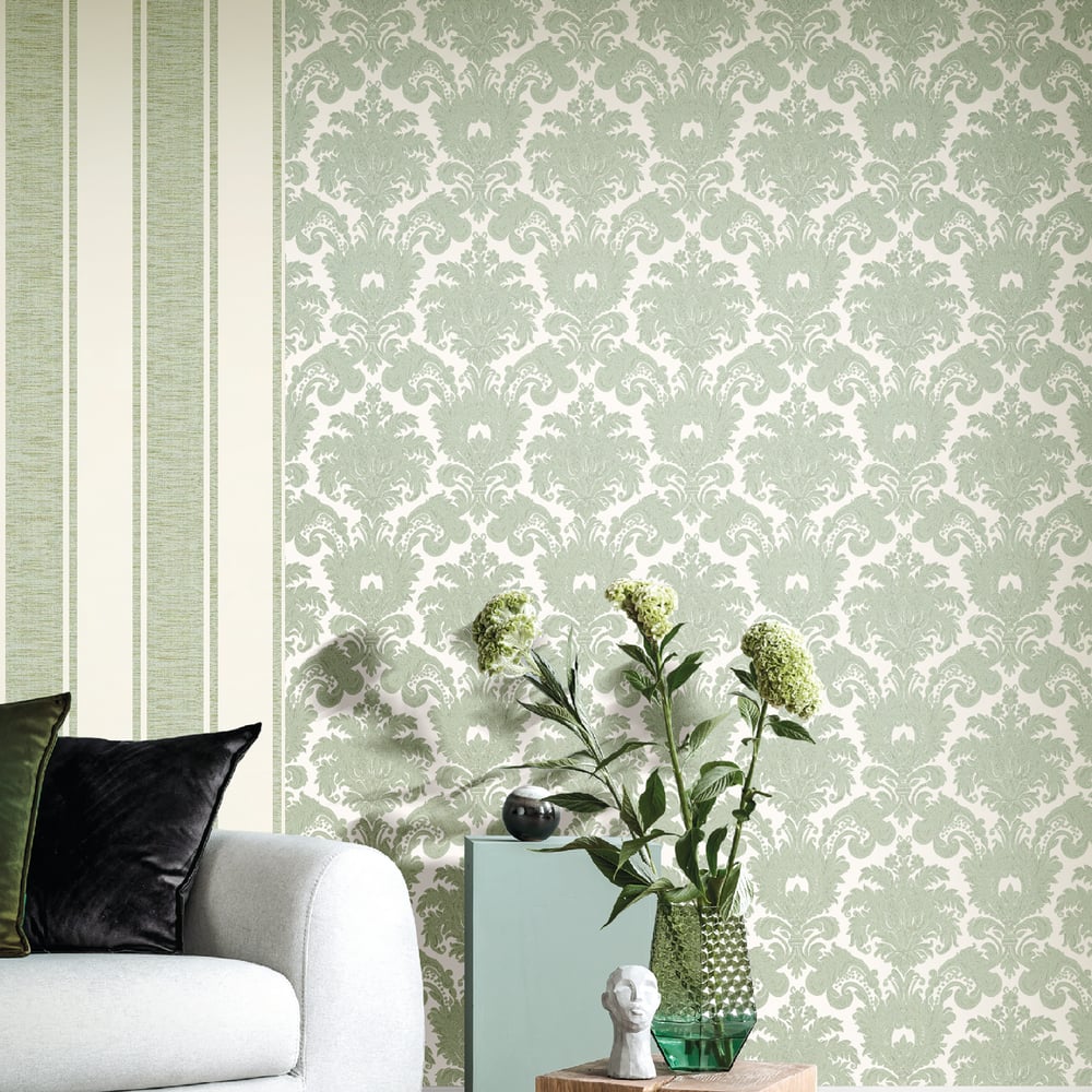 Classic Italian Scrolling Damask Wallpaper - Mint Green/Ivory - Galerie - 23615Wallpaper199