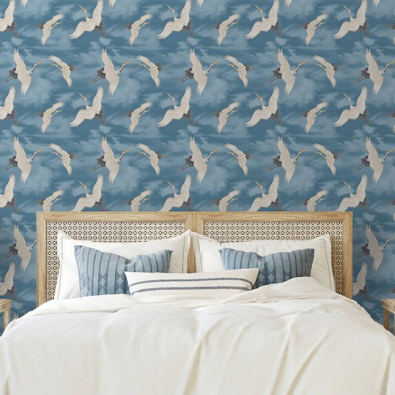 Cranes Metallic Wallpaper - Blue - Catherine Lansfield - 206513Wallpaper199