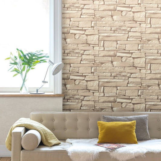 Dax Stone Effect Wallpaper - Natural - Grandeco - 115403Wallpaper199