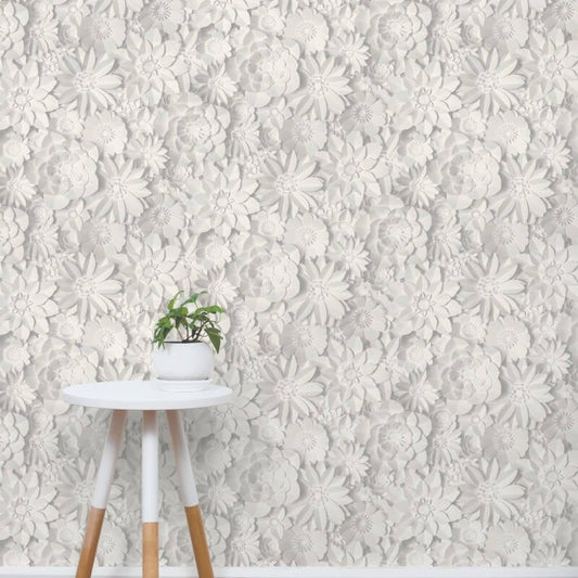 Dimensions 3D Effect Floral Wallpaper - White/Grey - Fine Décor - FD42554Wallpaper199