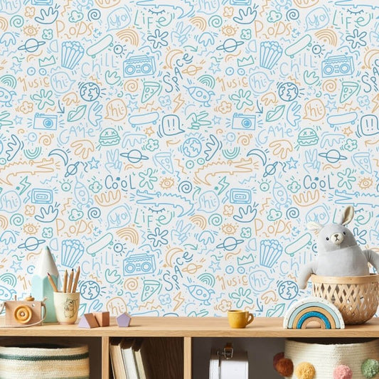 Doodle Metallic Wallpaper - Blue/Yellow - Muriva - M45701Wallpaper199
