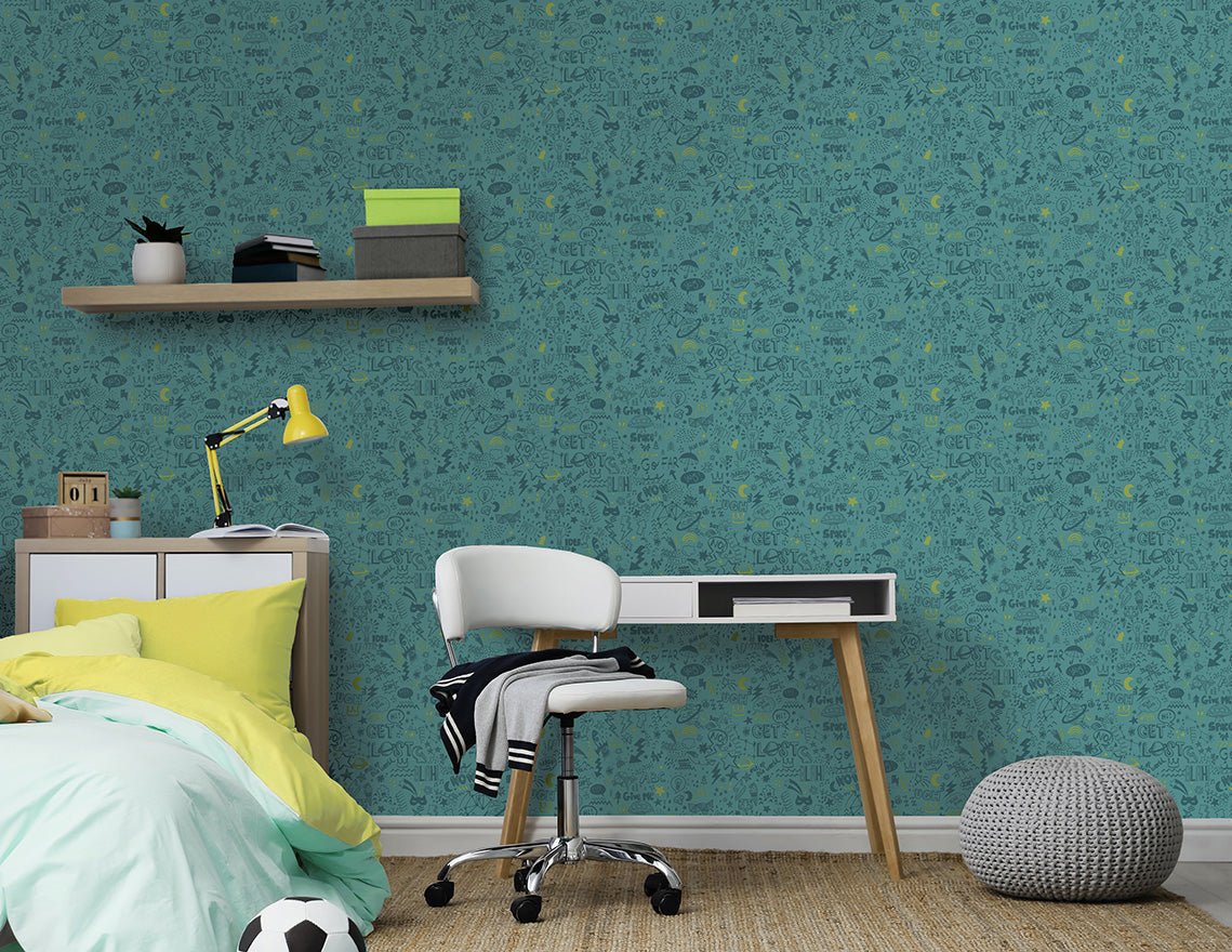 Doodle Wallpaper - Teal/Neon Yellow - Holden Décor - 13341Wallpaper199