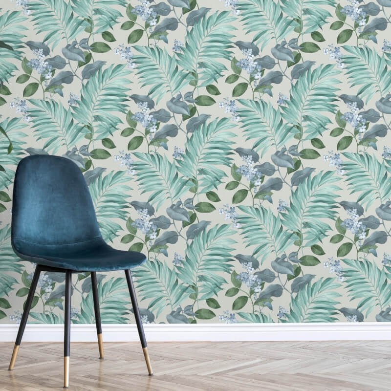 Eden Tropical Leaves Wallpaper - Grey/Blue - Crown - M1651Wallpaper199