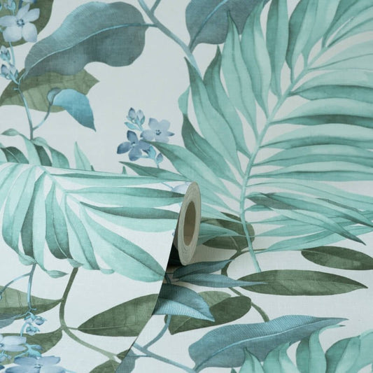 Eden Tropical Leaves Wallpaper - Grey/Blue - Crown - M1651Wallpaper199