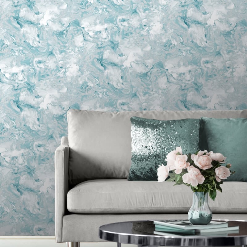 Elixir Marble Metallic Wallpaper - Teal/Silver - Muriva - 166503Wallpaper199