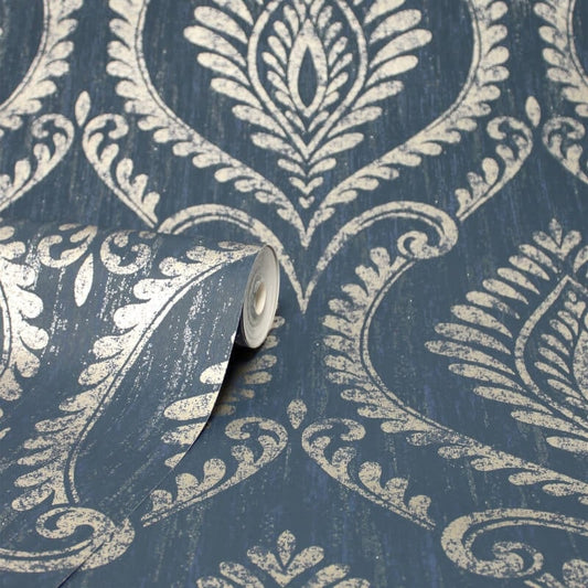 Estelle Damask Glitter Wallpaper - Navy - Crown - M1758Wallpaper199