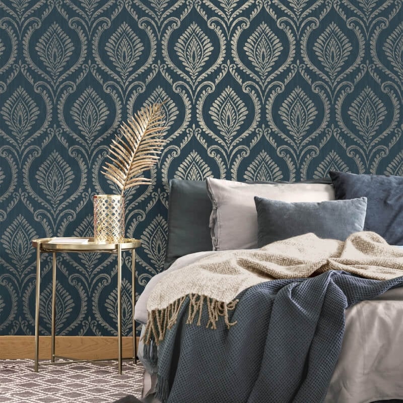 Estelle Damask Glitter Wallpaper - Navy - Crown - M1758Wallpaper199