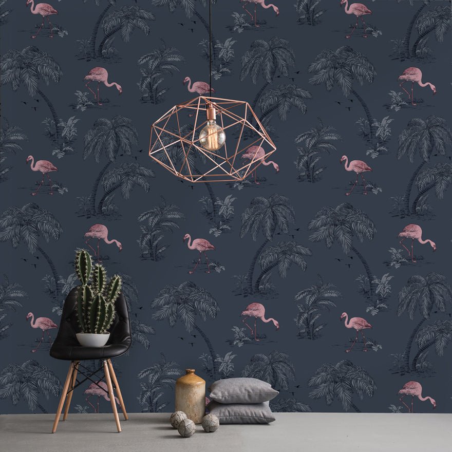 Flamingo Lake Wallpaper - Midnight Blue/Pink - Holden Décor - 12382Wallpaper199