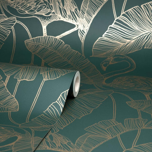 Flamingo Metallic Wallpaper - Emerald - Fine Décor - FD42946Wallpaper199