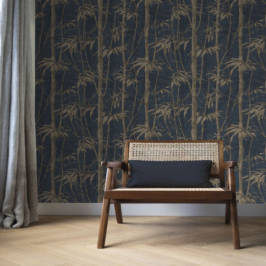 Florentine Bamboo Wallpaper - Navy Blue & Gold - Rasch - 484892Wallpaper199
