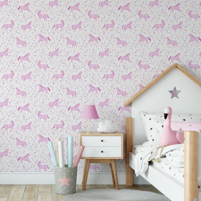 Folk Unicorn Wallpaper - Pink - Catherine Lansfield - 165570Wallpaper199