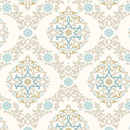 Geometric Damask Wallpaper - Stone/Blue - SK Filson - SK10007Wallpaper199
