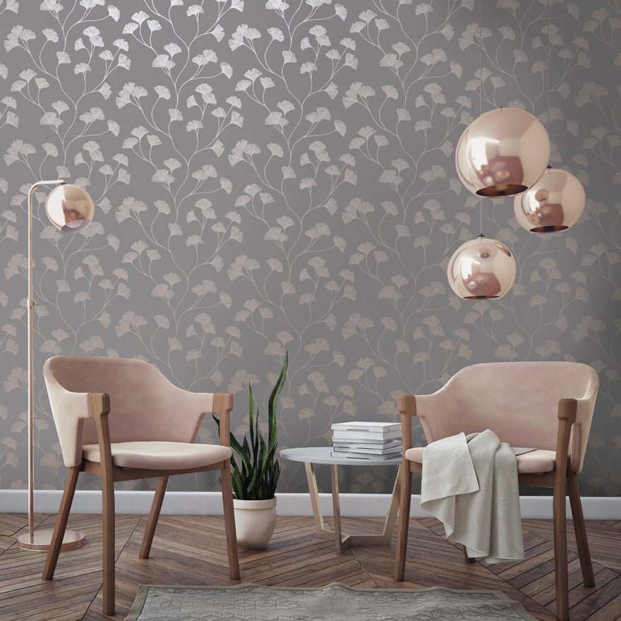 Glistening Ginkgo Wallpaper - Rosegold/Grey - Holden Décor - 12702Wallpaper199