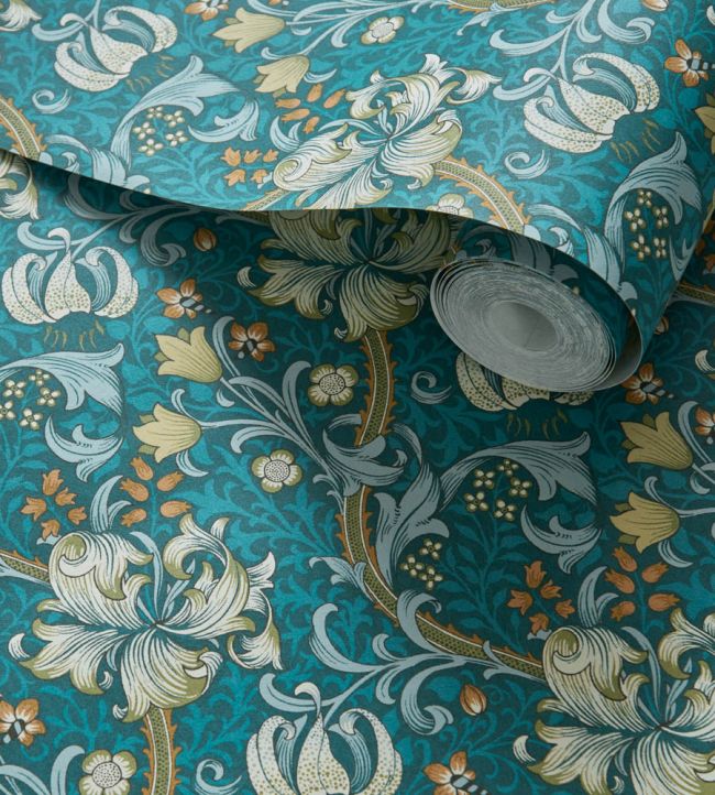 Golden Lily Wallpaper - Teal - W0174/03 - Clarke & ClarkeWallpaper199
