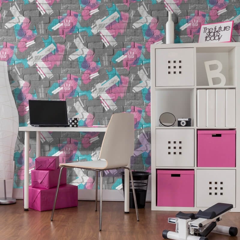 Graffiti Brush Brick Wallpaper - Charcoal/Pink - Muriva - M46609Wallpaper199