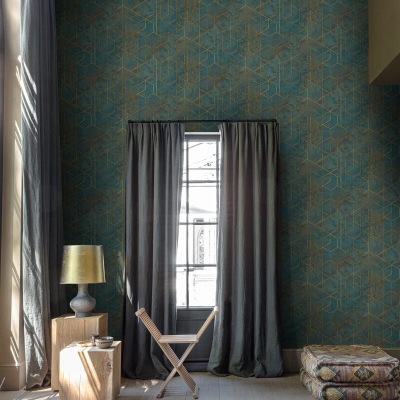 Grand Onyx Geo Metallic Wallpaper - Teal - Grandeco - WL2501Wallpaper199