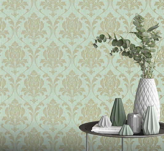 Highgrove Damask Wallpaper - Gold & Teal - Rasch - 274973Wallpaper199