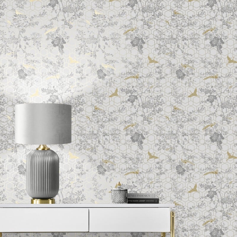 Himara Geo Floral Metallic Wallpaper - Grey/Gold - Lipsy London - 144072Wallpaper199