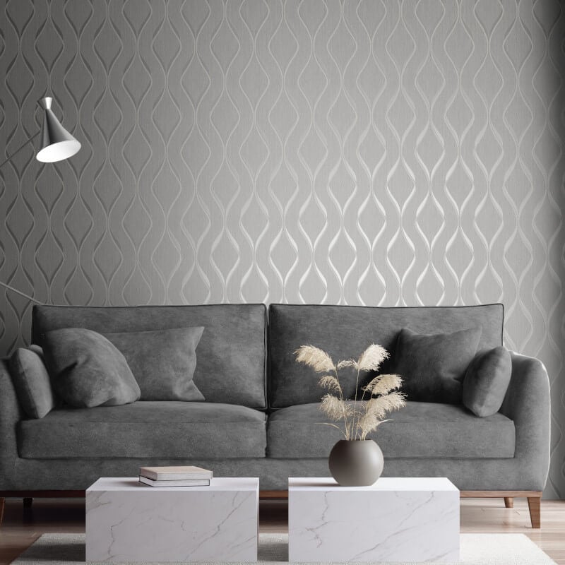 Indra Geo Wave Metallic Wallpaper - Grey/Silver - Muriva - 154112Wallpaper199