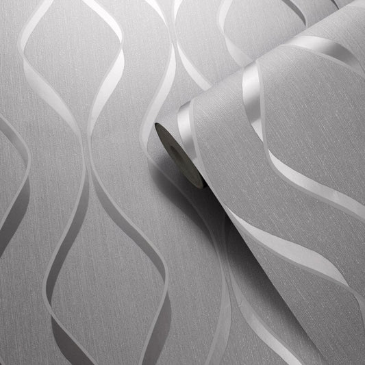 Indra Geo Wave Metallic Wallpaper - Grey/Silver - Muriva - 154112Wallpaper199