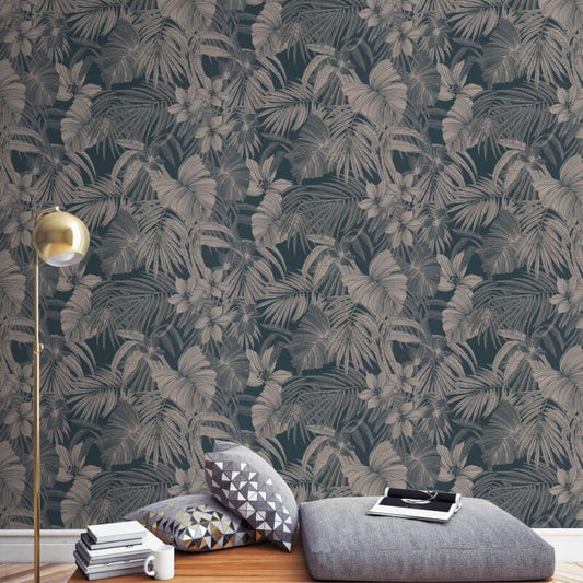 Joelle Leaf Metallic Wallpaper - Blue/Rose Gold - Grandeco - A51301Wallpaper199
