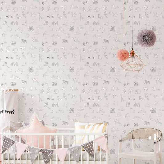 Just 4 Kids 2 Alphabet Wallpaper - Grey / White - Galerie - G56536Wallpaper199