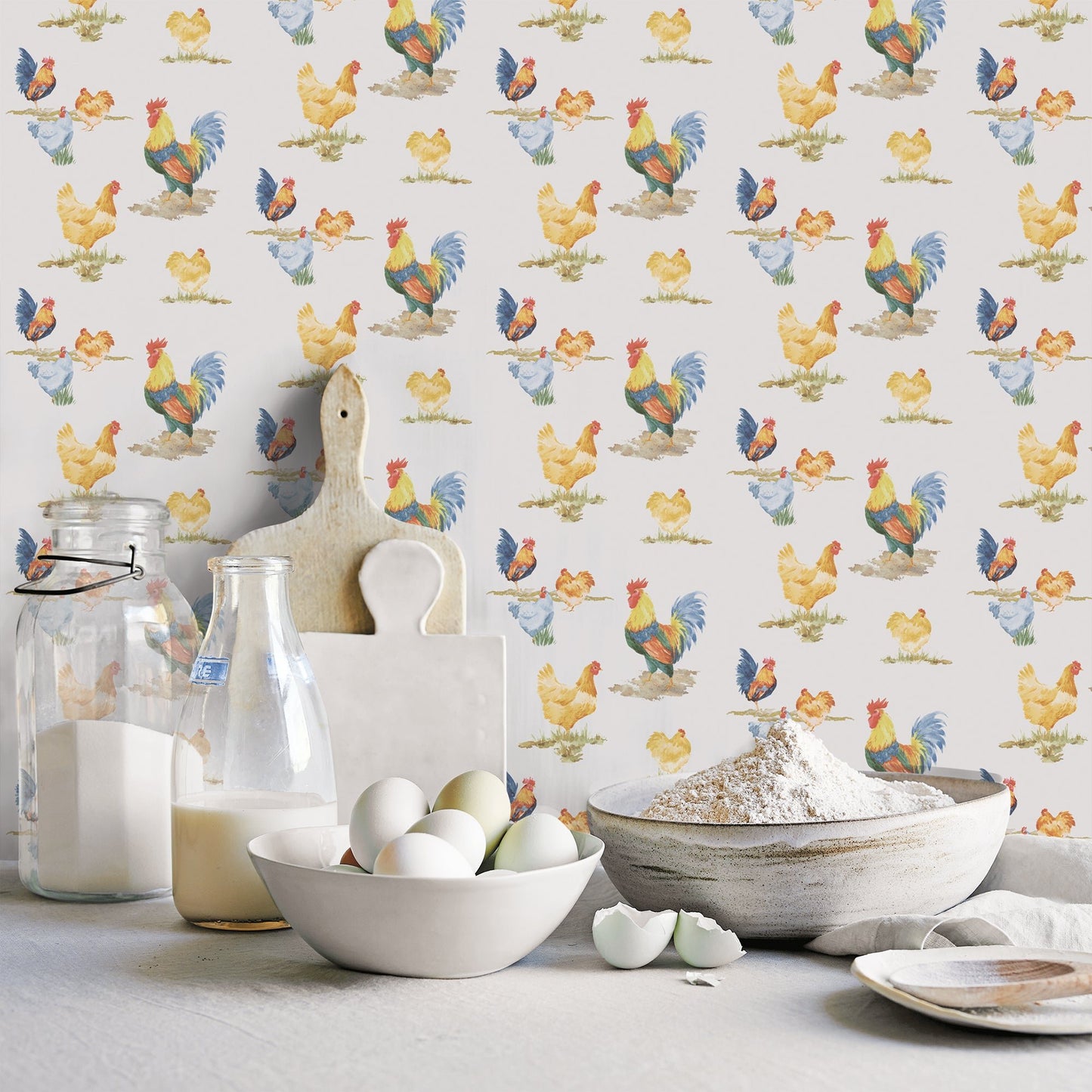Just Kitchens Free Range Wallpaper - Blue / Yellow / Red - Galerie - G45416Wallpaper199