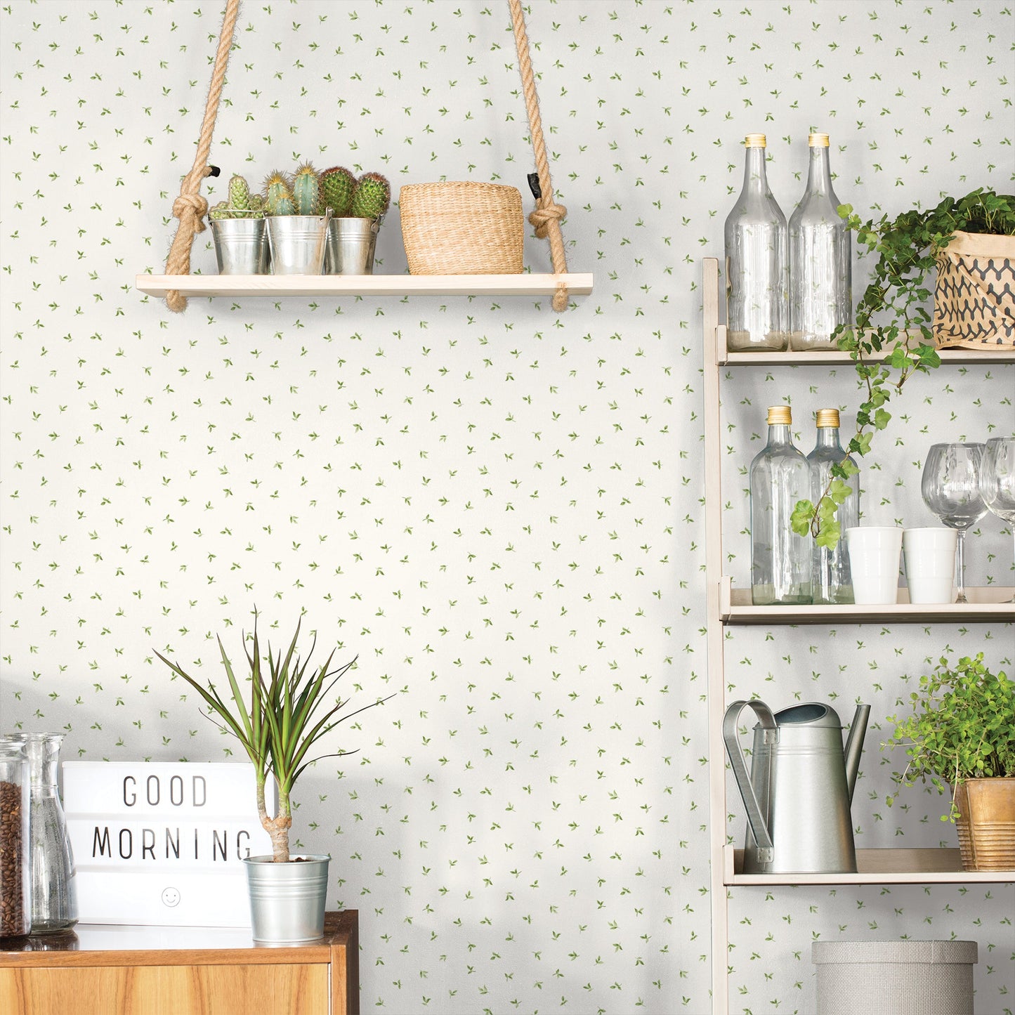 Just Kitchens Leaf Toss Wallpaper - Green / White - Galerie - G45437Wallpaper199