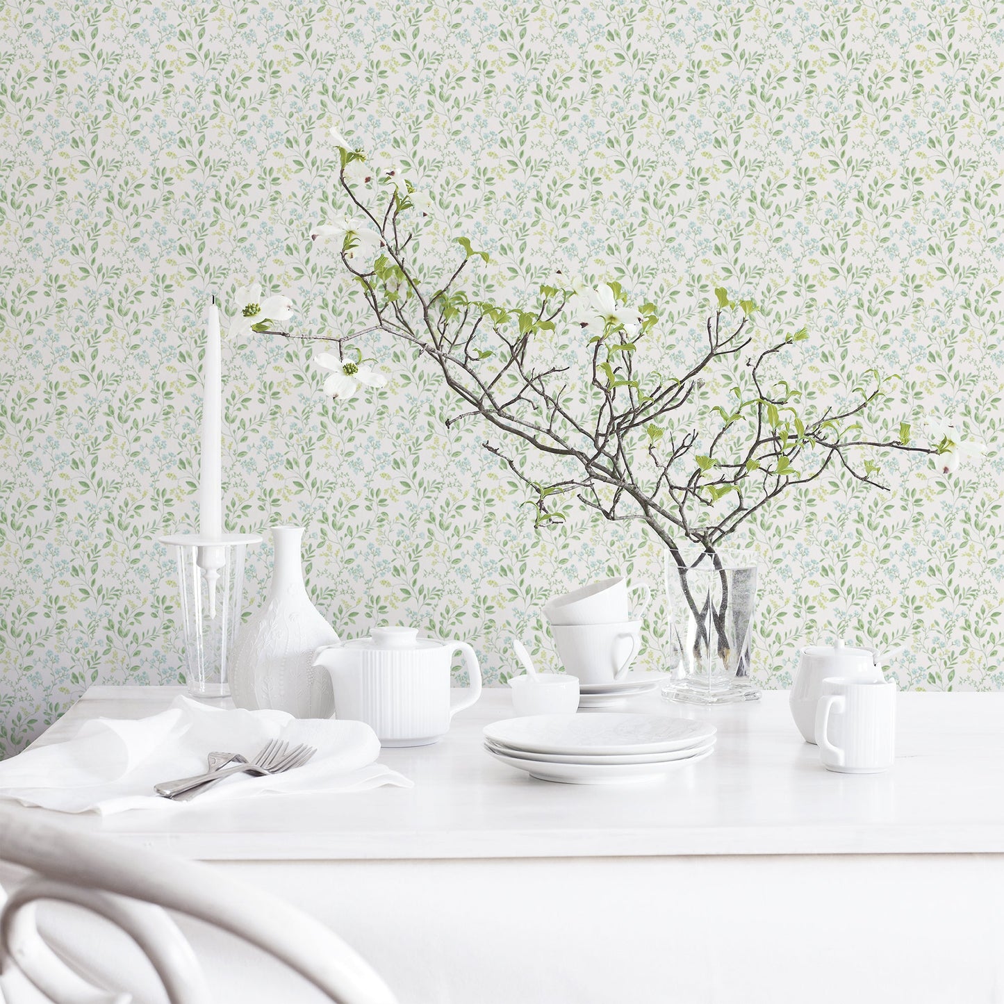 Just Kitchens Spring Leaf Trail Wallpaper - Green / Blue - Galerie - G45457Wallpaper199