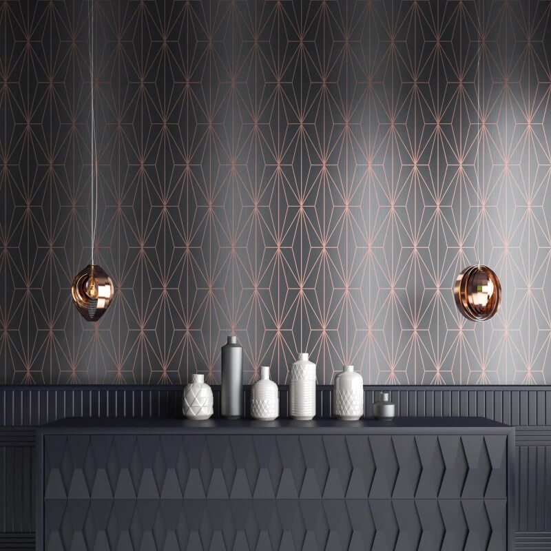 Kayla Geometric Gold Foil Metallic Wallpaper - Charcoal/Rose - Muriva - 703015Wallpaper199