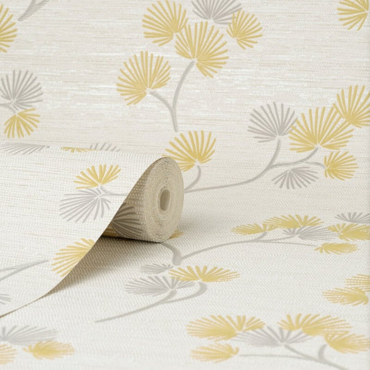 Kira Oriental Floral Tree Metallic Wallpaper - Mustard/Grey - Fine Décor - FD43309Wallpaper199