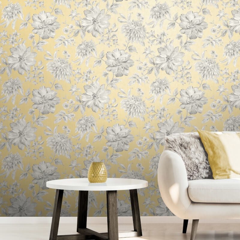 Lucia Floral Metallic Wallpaper - Yellow/Grey - Crown - M1550Wallpaper199