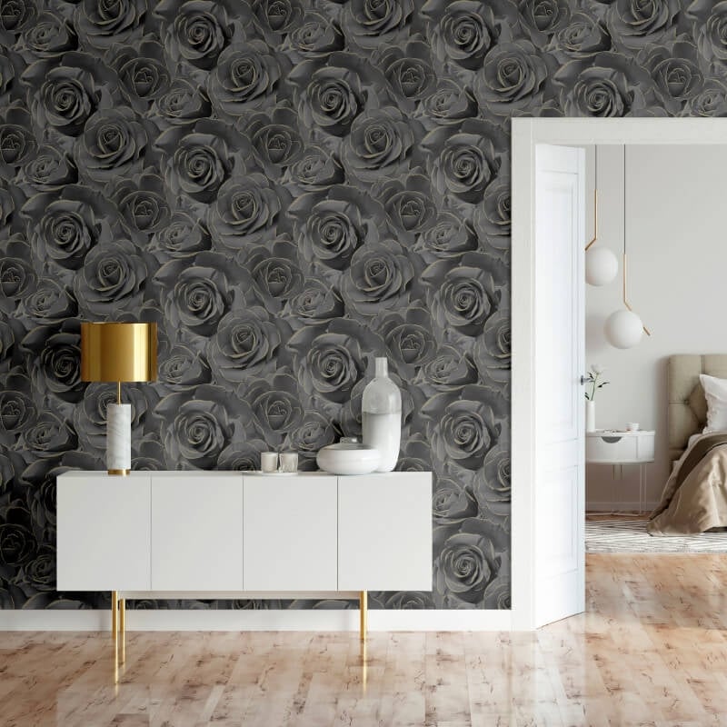 Madison Rose Floral Glitter Wallpaper - Black - Muriva - 139526Wallpaper199