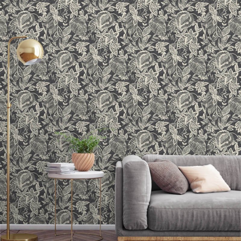 Mae Wild Leaves Wallpaper - Charcoal/Grey - Grandeco - 171803Wallpaper199