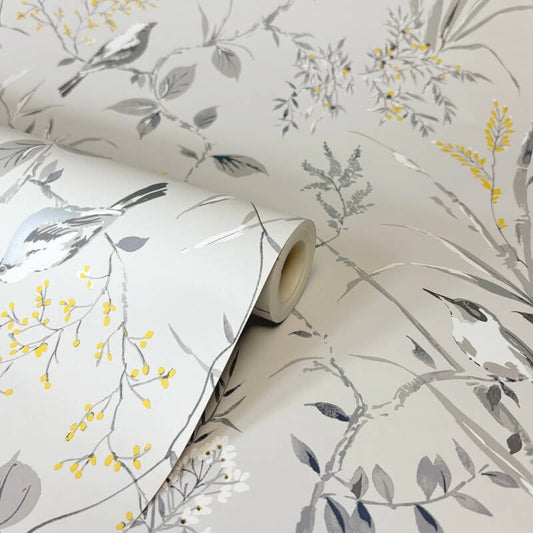 Mariko Floral Treebird Metallic Wallpaper - Grey/Yellow - Crown - M1551Wallpaper199