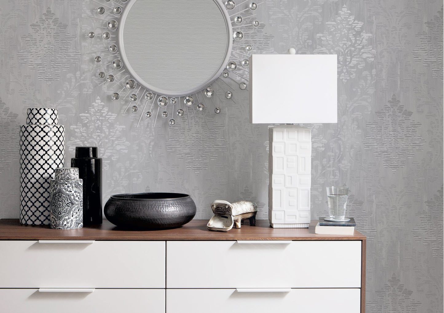 Metallic FX Rustic Damask Wallpaper - Silver - Galerie - W78181Wallpaper199