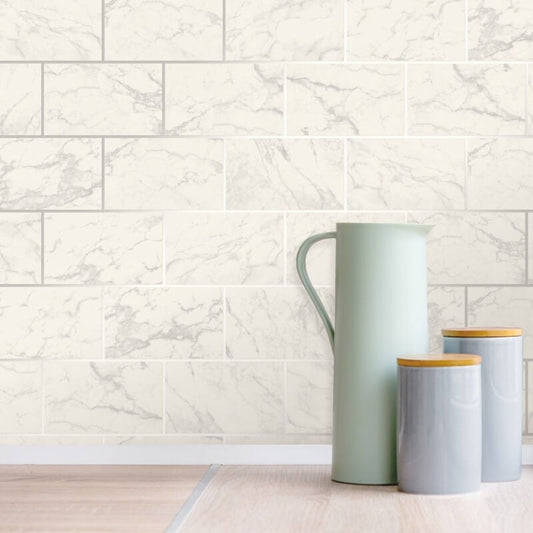 Metro Brick Marble Effect Metallic Wallpaper - Silver - Crown - M1509Wallpaper199