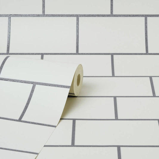 Metro Tile Metallic Wallpaper - White/Silver - Crown - M1634Wallpaper199