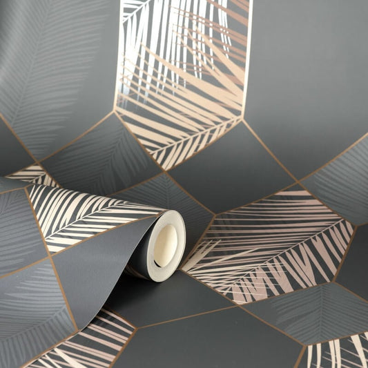 Miami Geo Metallic Wallpaper - Charcoal/Copper - Fine Décor - FD42833Wallpaper199