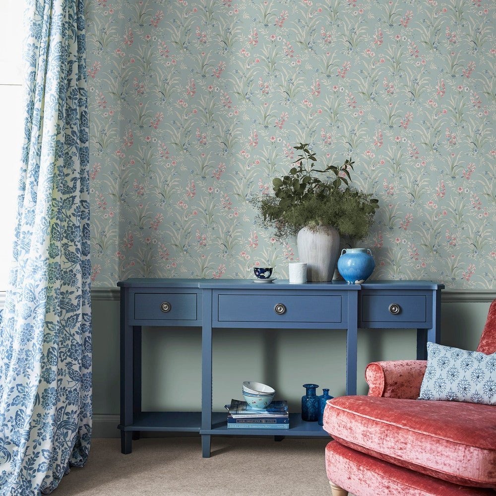 Mosedale Posy Wallpaper - Dark Duck Egg Blue - Laura Ashley - 122751Wallpaper199
