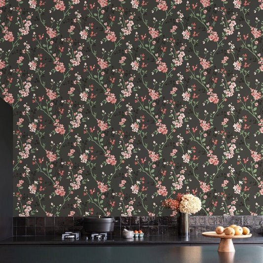 Omaru Jasmin Floral Blossoms Wallpaper - Black - Grandeco - A70001Wallpaper199