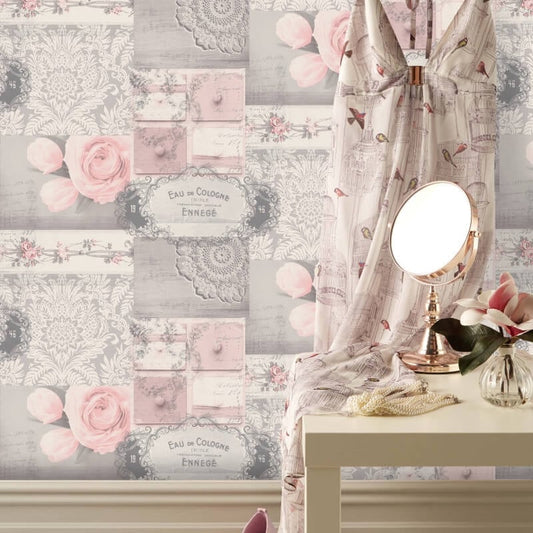 Ophelia Decoupage Floral Metallic Wallpaper - Blush - Crown - M1426Wallpaper199