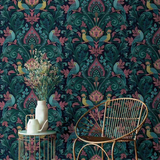 Opulent Damask Wallpaper - Navy/Pink - Grandeco - A67801Wallpaper199