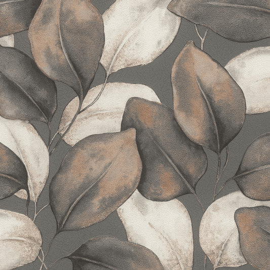 Opulenza Leaf Wallpaper - Charcoal & Rust - Rasch - 659887Wallpaper199