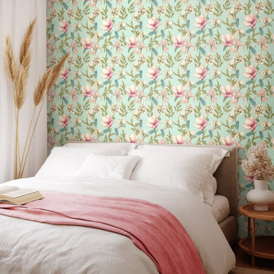 Orchid Bloom Wallpaper - Duck Egg/Blush - Hoopla Walls - HWA1176WWallpaper199