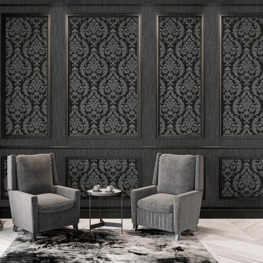 Palazzo Silk Damask Wallpaper - Black / Silver Grey - Galerie - G68676Wallpaper199