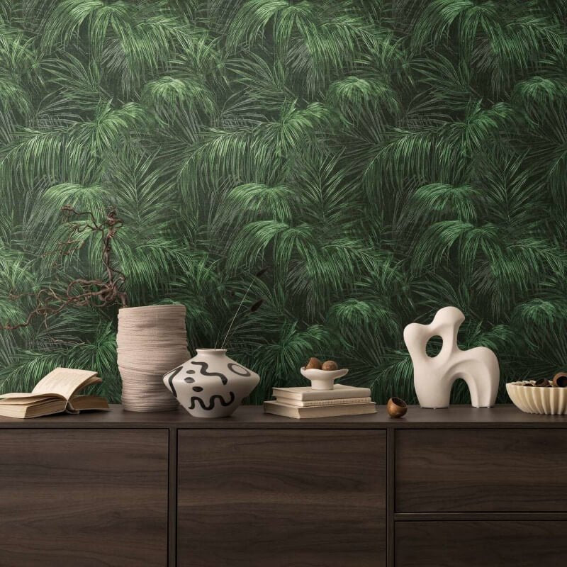 Palm Leaf Motif Wallpaper - Green/Grey - Michalsky Living - 39981-4Wallpaper199