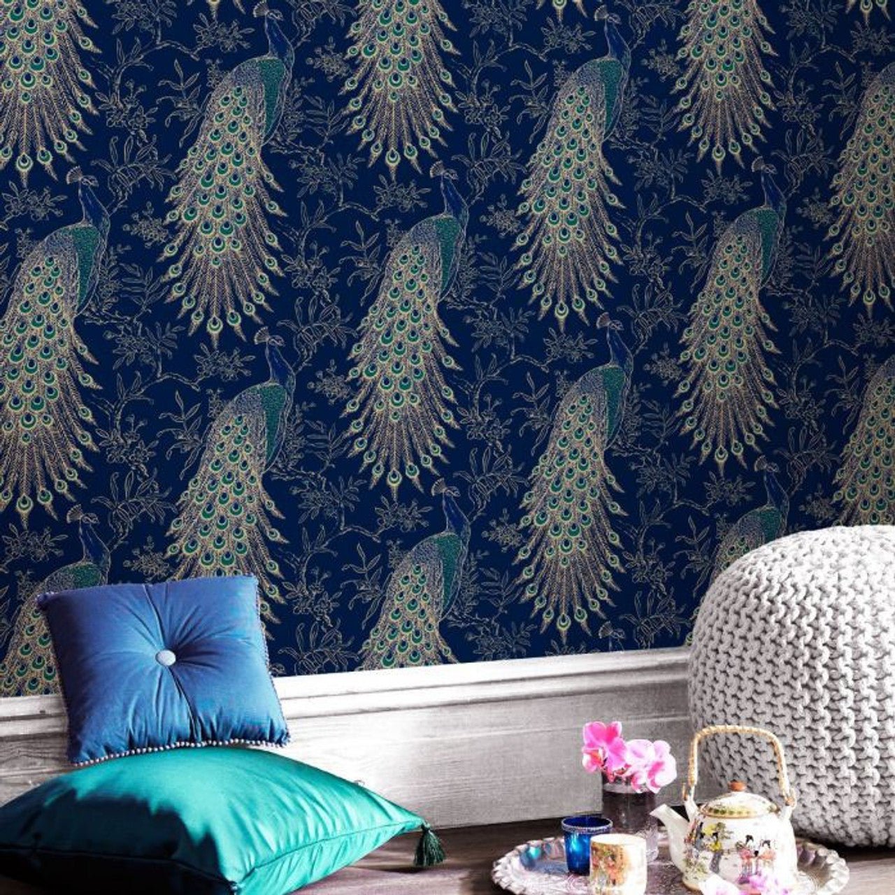 Peacock Portfolio Wallpaper - Navy & Gold - Rasch - 215700Wallpaper199
