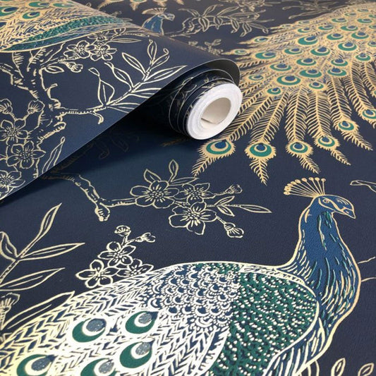 Peacock Portfolio Wallpaper - Navy & Gold - Rasch - 215700Wallpaper199