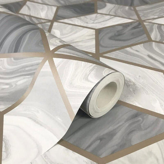 Portfolio Marble Cube Wallpaper - Grey/Gold - Rasch - 248975Wallpaper199